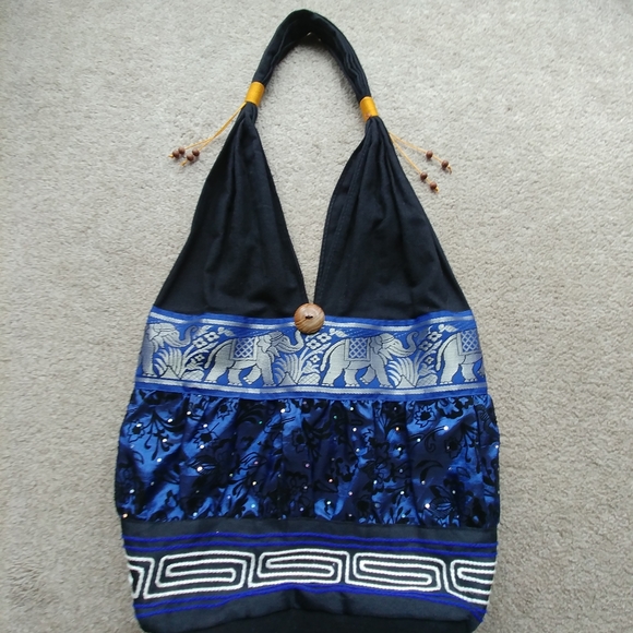 Unique Cotton Bag, Elephant Motif, Wooden Bead Accents. - Picture 1 of 3